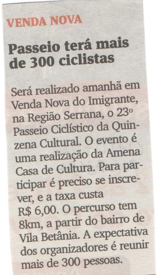 Passeio terá mais de 300 siclistas